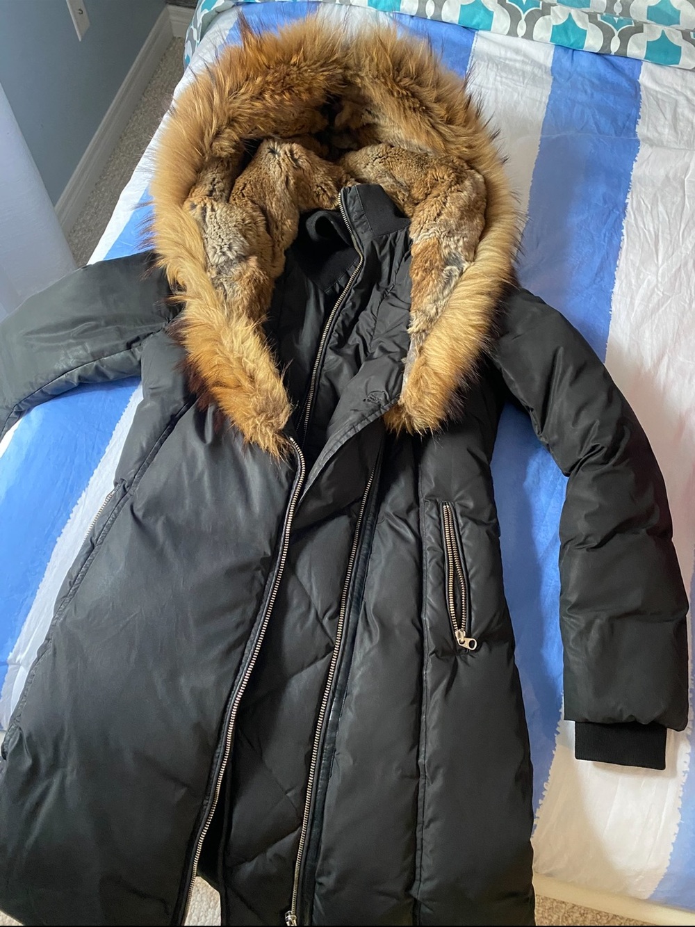 Mackage Black Down Puffer Coat with Brown Fur-Trim Hood
